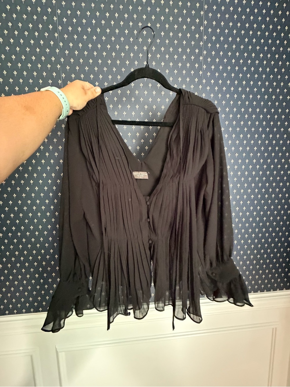 Dress Forum Black Sheer Pleated V-Neck Button Blouse